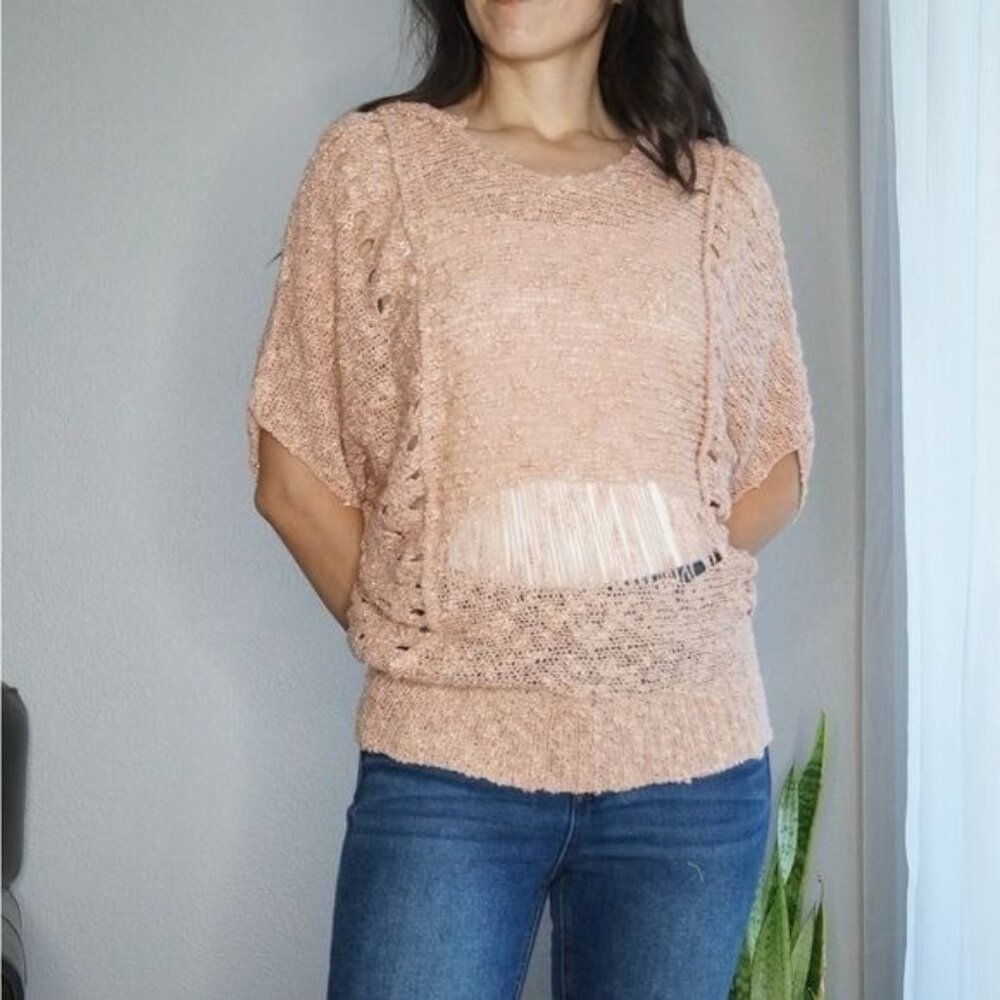 Downtown Coalition Dusty Pink Knit Hoodie Batwing Sleeve Open Knit Size S